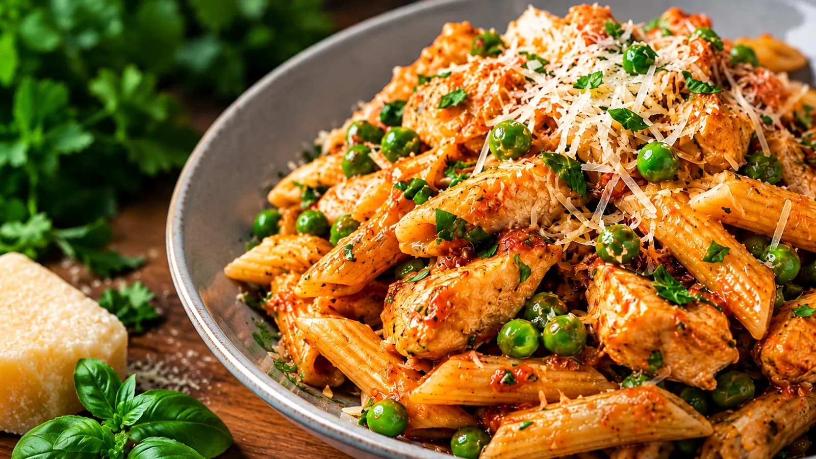 Chef Mo's homemade chicken and pea pasta in a rich tomato sauce